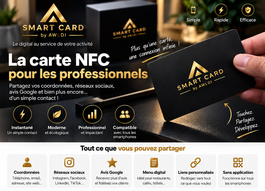 Landing page Smart Card by AWLDI présentant des cartes NFC professionnelles personnalisées et leurs tarifs au Maroc